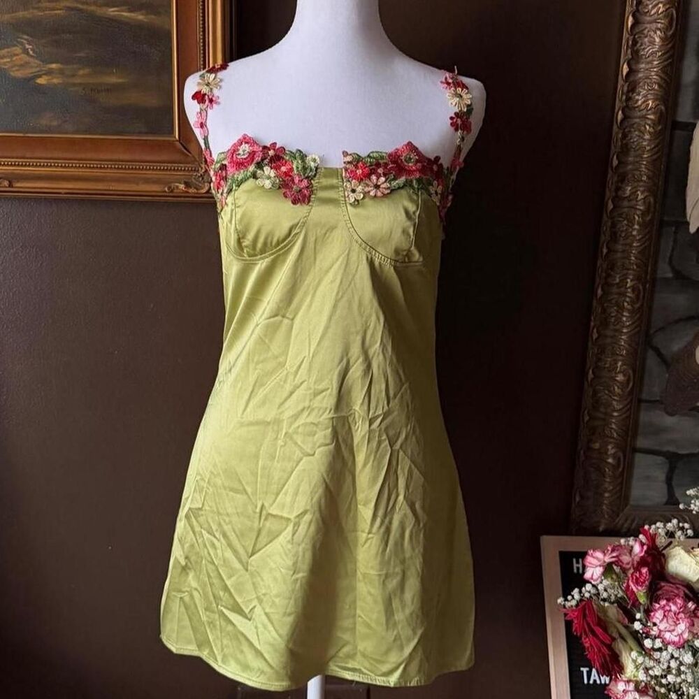 women's floral green slip satin dress